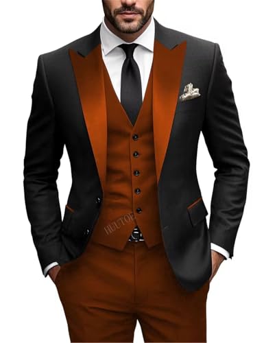 HUUTOE Burnt Orange Suit for Men Fitted Mens 3 Piece Suit Slim Fit Orange Tuxedo for Men Terracotta and Black Tux 3 Piece Jackets Vest Pants Sets Suits for Groomsmen 3XL 48