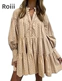 Roiii Women A-Line Lace Loose Baroque Button Down Long Sleeve Casual Dresses V Neck Embroidery Party Short Dress Khaki