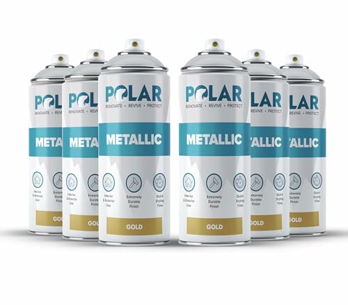Polar Metallic Spray Paint Gold 14oz - Pack of 6 - Multi-Purpose Use - Interior & Exterior - Ideal For Wood, Metal, Plastic, Ceramics & Ornaments