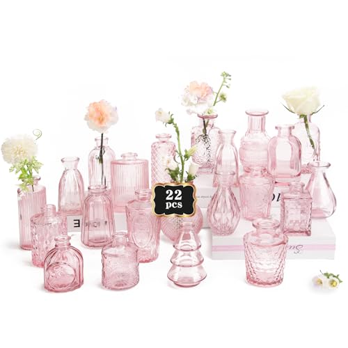 RUCKAE Pink Flower Vase in Bulk 22 Glass Bud Vases Vintage Small Vases for Centerpiece Table Wedding Decorations Home Decor Party (Pink)