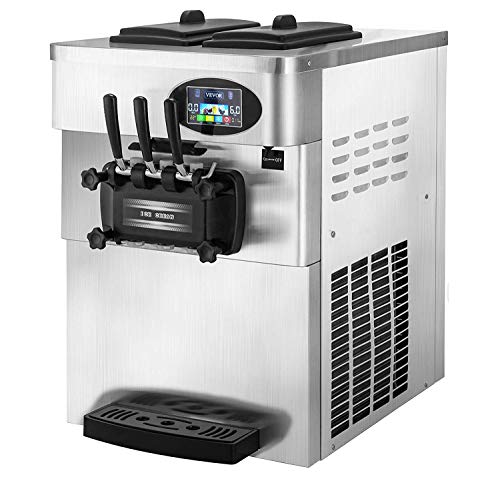 VEVOR 2200W Commercial Soft Ice Cream Machine 3 Flavors 5.3 to 7.4Gallons per Hour PreCooling at Night Auto Clean LCD Panel for Restaurants Snack Bar, Silver