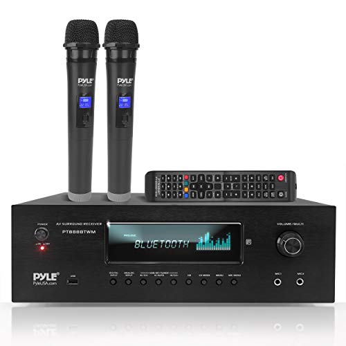 Pyle 1000W Bluetooth Home Theater Karaoke Receiver - 5.2-Ch Stereo Amplifier 2 UHF Wireless Microphone Video Pass-Through Supports, MP3/USB/HDMI/AM/FM Radio - PT888BTWM.5