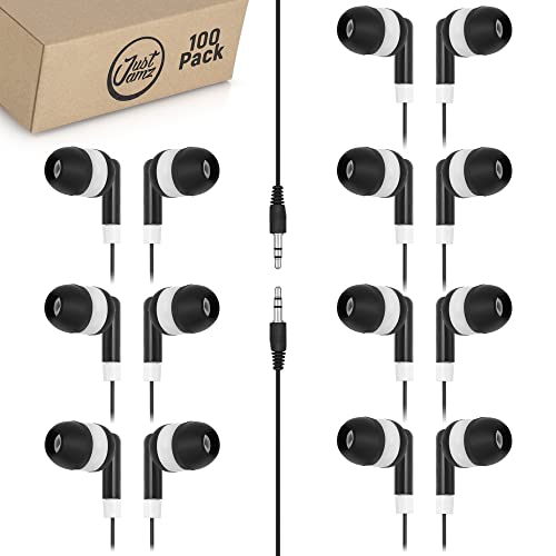 JustJamz Bulk Earbuds 100 Pack | Basic Ear Bud, Black Dot in-Ear Earphones, Disposable Headphones, Class Headphones Set for Students, Earphones for Class, Kids, Classroom, Library, Wired Earbuds