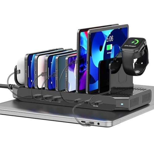 Unitek USB C Charging Station for Multiple Devices Apple, 96W 6 Port Charging Dock with Type-C PD 60W, Fireproof Fast Charging Stand with Smartwatch & Airpods Holder for iPhone, iPad, Tablet, MacBook