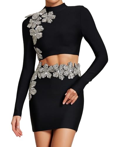 BELLA BARNETT Black Rhinestone 2 Piece Skirt Sets for Women Elegant Bandage Dress Long Sleeve Crop Top Sparkly Flower Skirt Sets Women 2 Piece Outfits