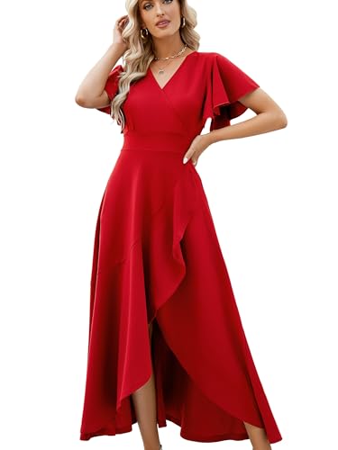 Formal Dresses for Women,Gowns Evening Party Cocktail Dress,Long Split Elegant V Neck Wrap Ruffle Wedding Guest A-line Dresses Bright red-XL