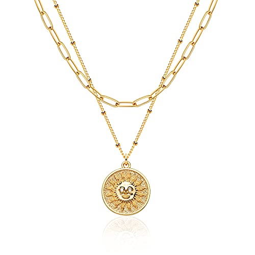 MEVECCO Gold Layered Choker Necklace for Women, 18K Gold Plated Dainty CZ Sun Face Pendant Minimalist Paperclip Double Layer Necklace for Jewelry