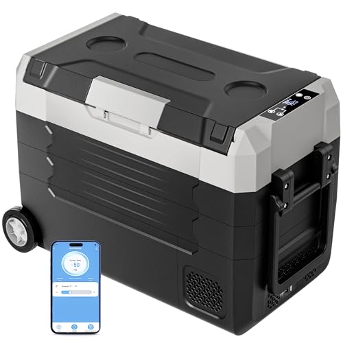 12 Volt Refrigerator, 53QT(50L) Compressor Electric Cooler with Wheels, Car Fridge with APP Control, Portable Freezer -13℉~68℉, 12/24V DC 110-240V AC Car Cooler for Camping, Travel, Road Trips