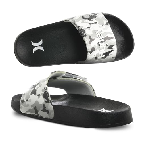 Hurley Naia Slides for Girls and Boys, Slip-On Kids Slippers with Adjustable Strap, Kid's Sandals for Indoor and Outdoor, Adjustable Sporty Slides for Kids, Eva Footbed Shower Slides, White Camo