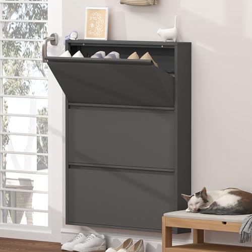 GREATMEET Shoe Storage Cabinet with 3 Flip Drawers, Narrow Hidden Shoe Cabinet for Entryway Slim, Slim Shoe Rack, Black Wall Mounted Shoe Cabinet Flip Drawers