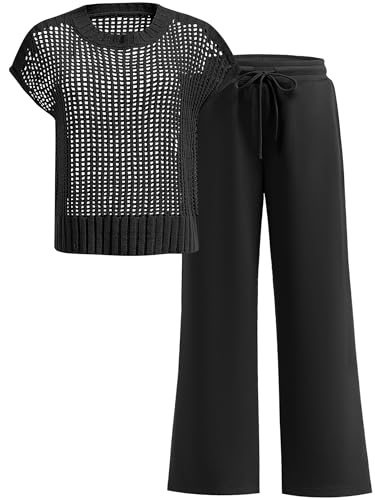 ANRABESS Women Two Piece Outfits Crochet Sheer Knit Sweater Top Wide Leg Pants Lounge Matching Sets Sweatsuit Travel Clothes Black Large