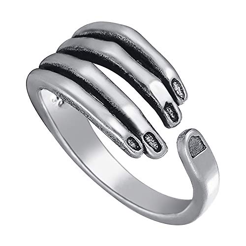 LOVECOM 925 Sterling Silver Hug Hand Rings for Women Men Lover High Polish Vintage Black Gothic Adjustable Silver Lotus Ring Wedding Bands Jewelry Ideal Party Father Day Gifts (925 Silver Hand Rring)