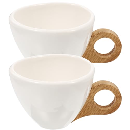 BESTonZON 2PCS Latte Mug, 200ml Ceramic Coffee Cups with Wooden Handle Cappuccino Mug Espresso Cup Milk Cup for Latte Green Tea Cappuccino and Beverages Set Men