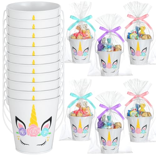 Sliner 12 Sets Mini Metal Unicorn Party Favors Buckets with Handles 3.9 Inch Small Unicorn Candy Boxes Treat Goodies Gift Bags for Birthday Party Decorations Supplies