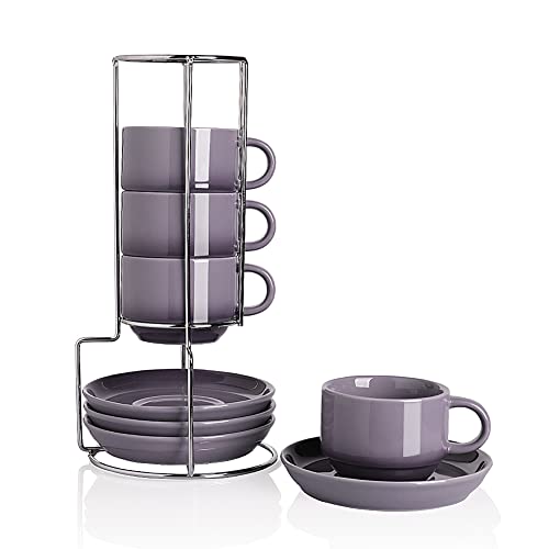 Sweejar Porcelain Espresso Cups with Saucers, 4 Ounce Stackable Cappuccino Cups with Metal Stand for Coffee Drinks, Latte, Tea - Set of 4 (Gradient Purple)