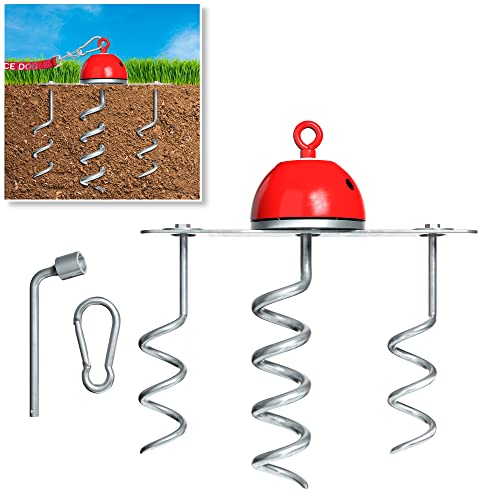 Industrial Puppy Stay Put 360 Swivel Dog Tie Out/Dog Anchor- 3 Deep Corkscrew Anchors, Prevents Tangling, Portable, Easy Install, Installation Tool + Base Plate, Guaranteed for Breeds up to 100 lbs