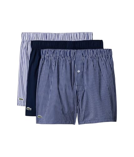 Lacoste Men's Cotton Stretch Print Animation Boxers 3-Pack, Navy Blue/White