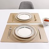 Set of 6 Faux Leather Placemats, PU Table Mats, Waterproof, Stain Resistant, Heat Resistant, Easy to Clean for Kitchen Dining Table,Conference Table C Gold Rectangle