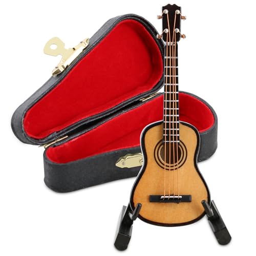 EASTROCK Miniature Guitar Model, 3.15in Mini Wooden Guitar Musical Instrument Model with Stand and Black Leather Case, Mini Ornaments Craft Decor for Home Office Birthday Gift