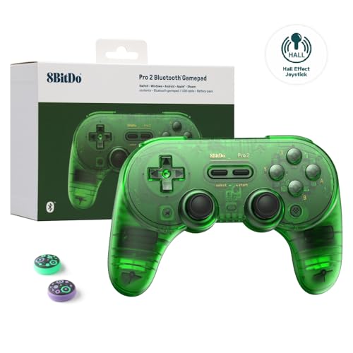 8Bitdo Pro 2 Wireless Bluetooth Controller (Hall Effect Joystick Update) - for Switch PC Windows Android MacOS Steam Raspberry Pi (Transparent Green)