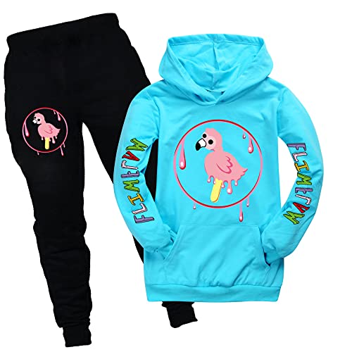 Kids Flamingo Merch Double Print Hooded Boys Flamingo Flim Flam Catoon Graphic Hoodie and Trousers Set (light blue,150cm,9 Years,10 Years)