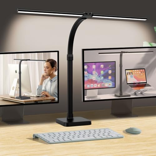 AKRRYR LED Desk Lamp for Home Office, Double Head 24W with USB Charging Port & Wireless Charger, Architect Light 5 Lighting Brightness Flexible Gooseneck Table Reading Study, Black