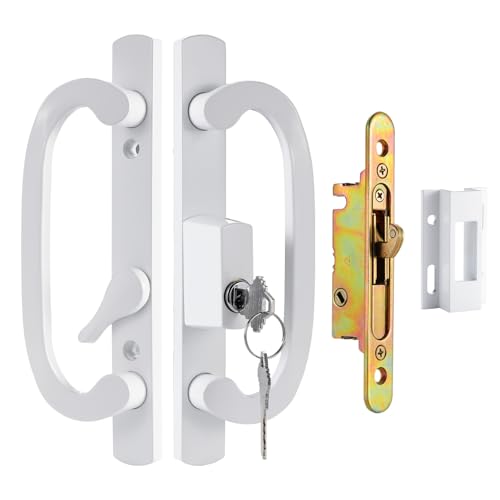 Keyed Sliding Patio Door Handleset, 45° Keyway, 3-15/16" H.C., Fits 1-3/8" to 2" Thick Doors, Non-Handed, White Diecast, Offset Position with Mortise Lock and Keeper｜Off Center Thumb Latch