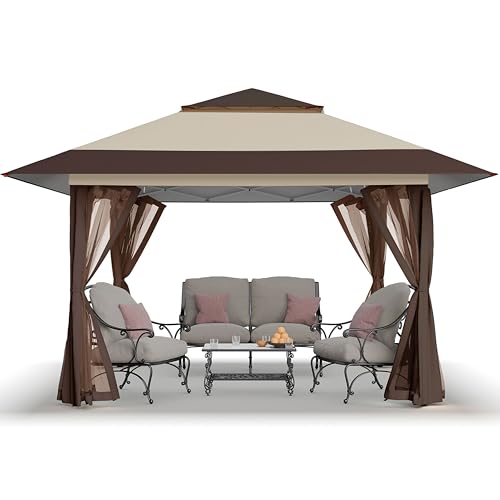 CROWN SHADES 13x13 Pop Up Gazebo, Canopy Tent, Gazebos on Clearance - Outdoor Gazebo for Backyard & Patio Furniture - Carpa Pop Up Tent with Wheeled STO-N-Go Cover Bag (Beige & Coffee)