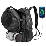 Oumurs Motorcycle Helmet Backpack 50L, Black Water-Resistant 1680D Oxford Fabric, Expandable, Motorbike Helmet Bag, Reflective, Helmet Strap, USB, Large Capacity, Long Distance Travel Backpack