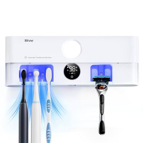 Bitvae Toothbrush Holder, Cleaning and Fast Drying, 5 Toothbrush Slots or Shaver Slot Accessories for Family, LED Smart Screen, Wall Mounted Holders for Bathrooms