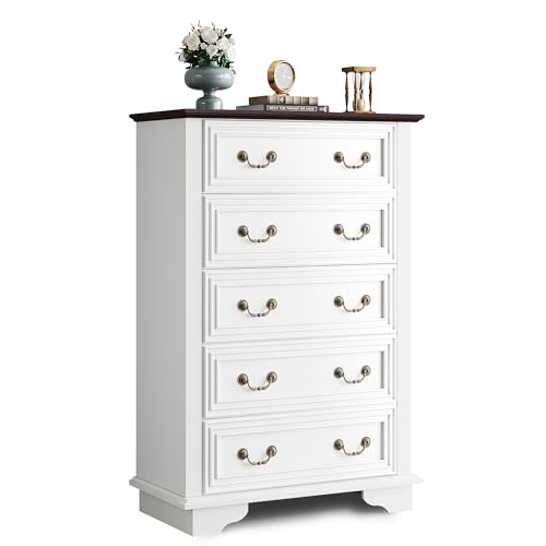 WLIVE Farmhouse Dresser for Bedroom, Tall Wood Dresser with 5 Drawer, Chest of Drawers with Roman Metal Handle for Living Room, Hallway, Closet, White