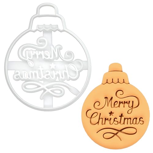 BAKERLOGY Merry Christmas Bauble Cookie Cutter - Bake Xmas Cookies - Detailed Biscuit Cutter Design for Baking and Crafts, ideal on fondant, dough, clay
