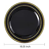 bUCLA 100 Pieces Black and Gold Plastic Dinner Plates - 10.25 inch Black Disposable Plates with Gold Rim - Disposable Dinner Plates - Ideal for Weddings,Parties,New Year