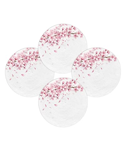 Round Placemats Set of 4 Pink Floral Place Mats Washable Woven Placemat Cherry Blossom Sakura Flower Tree Branch Circle BraidedTable Mat for Kitchen Dining Table Party Home Decor 15 Inch