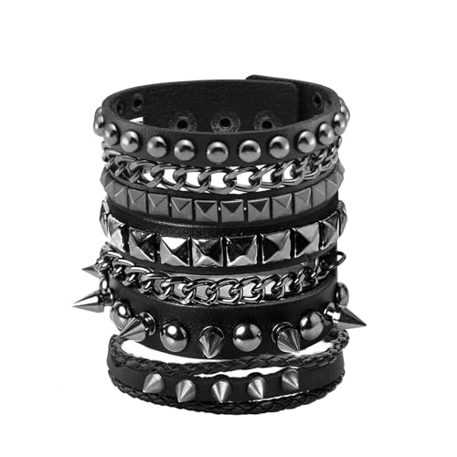 Eigso 3 Pcs Oldschool Cool Punk Steampunk Studded Spikes Rivets Vintage Leather Wide Bracelets for Men and Women with Adjustable Buckle