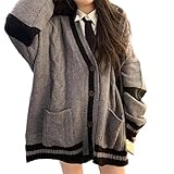 Women's Harajuku Korean Style Loose V-Neck Button Knit Cardigan Preppy Jacket Gray