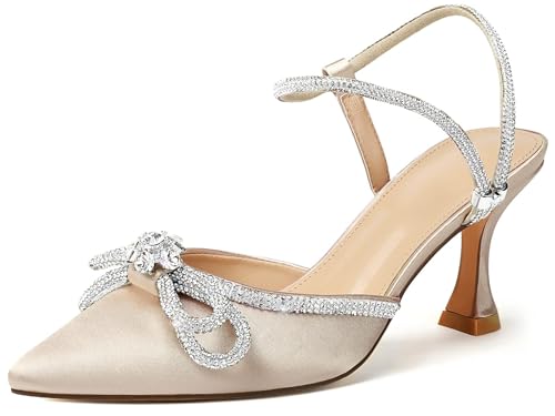 Susanny Women's Low Heel Bridal Bow Heels Pumps Nude Rhinestone Bride Party Bridesmaid Evening Dress Homecoming Shoes 10