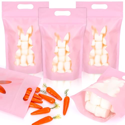 FYSUIMU 50Pcs Easter Zip Lock Bags Cute Pink Plastic Sealing Pouches with Handle Resealable Goody Gift Bags with Bunny Window for Spring Birthday Party Supplies