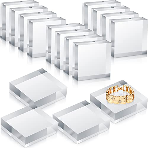 Vicenpal 16 Pieces Acrylic Square Display Blocks 3 x 3 x 1 Inches Clear Polished Acrylic Cube Jewelry Display Stand Ring Showcase Holder Base