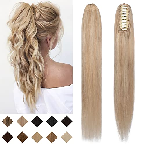 SEGO Claw Clip Ponytail Extension Human Hair Clip in Ponytail Hair Extensions Real Human Hair Pony Tails Hair Extensions Long Straight For Women 14 Inch Ash Blonde&Bleach Blonde 105 Gram