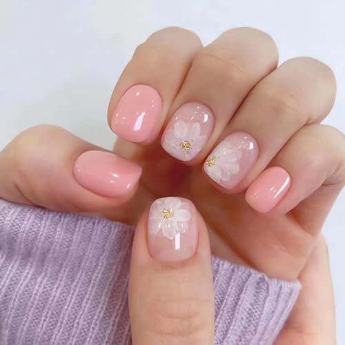Flower Press on Nails Short Square Fake Nails Glossy Pink Nails Press ons with White Flowers Designs Cute Short Acrylic Nail Kit Spring Summer Nail Designs Short Flower Glue on Nails for Women 24Pcs