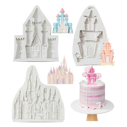 KALAIEN Castle Silicone Mold,3Pcs/Set Castle Cake Fondant Molds,Princess Chocolate Molds Castle Silicone Mirror Mould for Cake Decorating