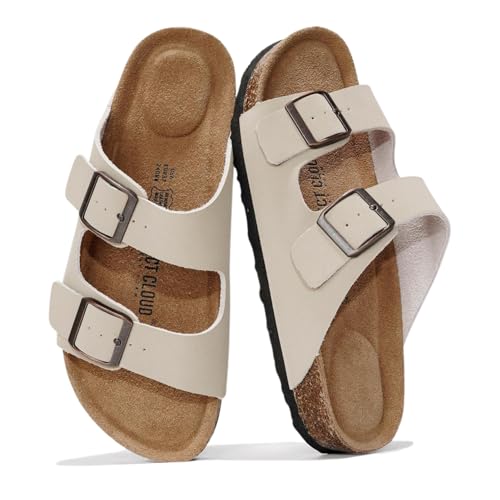 Project Cloud Women's Slide Sandal, Venita, Beige, Genuine Leather, Memory Foam, Cork Footbed, Adjustable Strap, 10 US, Casual, Fashion-Conscious Consumers