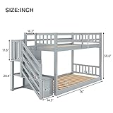 P PURLOVE Twin Over Twin Junior's Low Bunk Bed with Storage Stairs,Wood Floor Bunk Bed with Storage for Kids Teens,Floor Twin Size Bunk Beds with Slat, No Box Spring Need