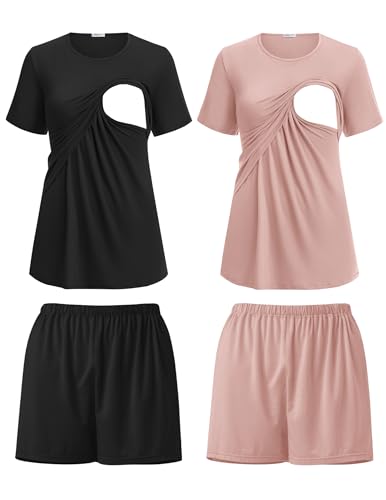 Ekouaer Nursing Pajamas for Women 2 Pack Maternity Sleepwear Double Layer Postpartum Pajamas Short Sleeve Breastfeeding loungewear L Black/Dirty Pink