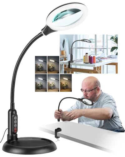 10X Magnifying Glass with Light and Stand, LED 5 Color Modes, Brightness Stepless Dimming Lighted Magnifier Hands Free, Flexible Gooseneck Desk Lamp with Clamp for Close Works, Crafts, Hobby, Painting