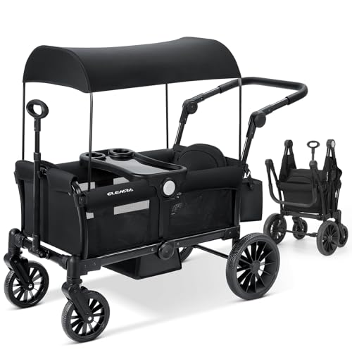 ELEMARA Stroller Wagon for 2 Kids, Foldable Wagon Stroller, Premium All Terrain Wagon for Kids, Kids Wagon Cart w/Removable Canopy, Adjustable Push/Pull Handle, Harnesses, Large Storage Bag, Black