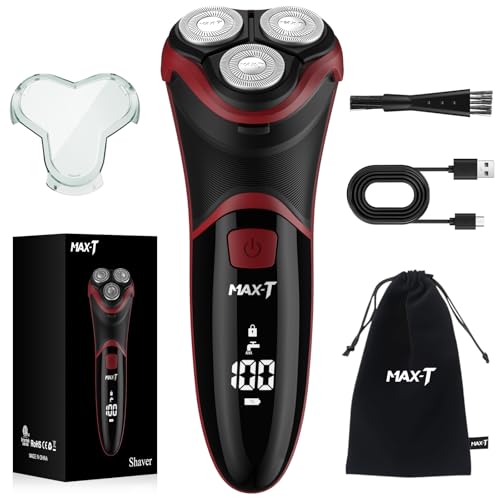 MAX-T Men's Electric Shaver - Corded and Cordless Rechargeable 3D Rotary Shaver Razor for Men with Pop-up Sideburn Trimmer Wet and Dry Painless 100-240V Red