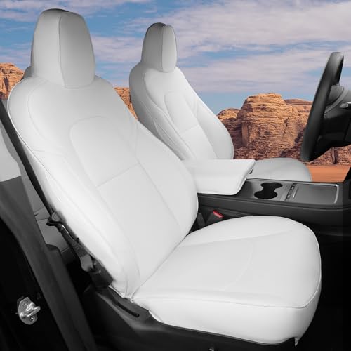 runfider White Nappa Leather Car Seat Covers Compatible with Tesla Model Y 2020 2021 2022 2023 Full Set Custom Fit Does Not Affect The Airbag, Reserved Seat Belt Hole