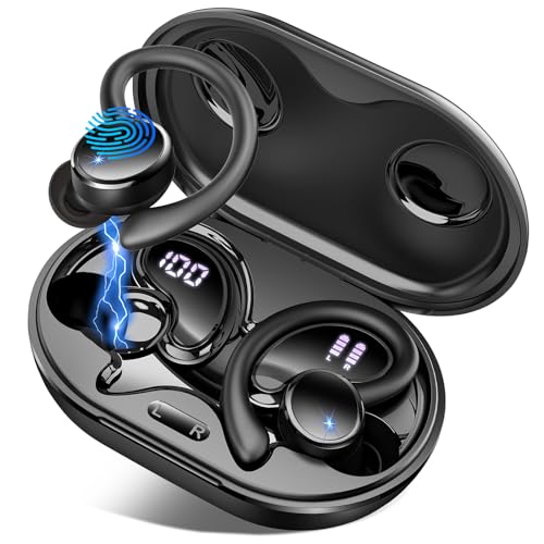 Wireless Earbuds, Bluetooth 5.4 Headphones Sport, 50H Deep Bass Sound Over Ear buds with 4 ENC Noise Cancelling Mic, Dual LED Display, IP7 Waterproof Earphones with Earhook for Workout/Running/Gym
